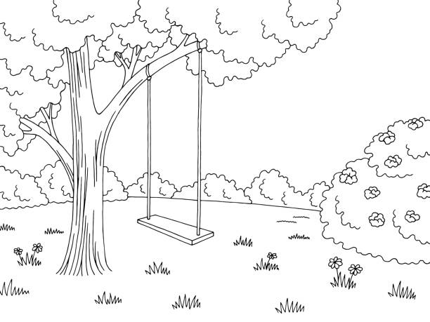 illustrazioni stock, clip art, cartoni animati e icone di tendenza di albero altalena grafica foresta bianca nera radura paesaggio disegno illustrazione vettore - glade branch vector landscape