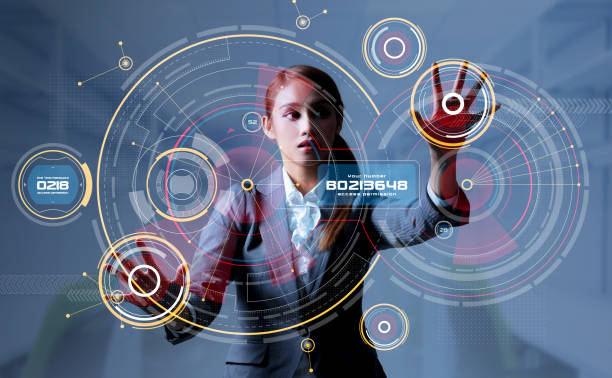 Young woman and head up display. HUD. GUI. Internet of Things(IoT).