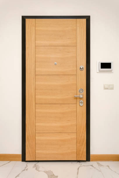 istock Closed the modern wooden door and security system 913642178