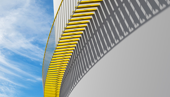 Contemporary architecture background, yellow metal stairs with shadow pattern goes over white wall, 3d illustration