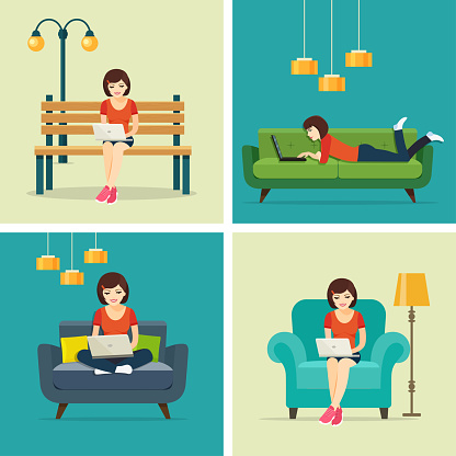 Set freelancer jobs at home and in the park. Freelancer woman with notebook. Vector flat illustration .