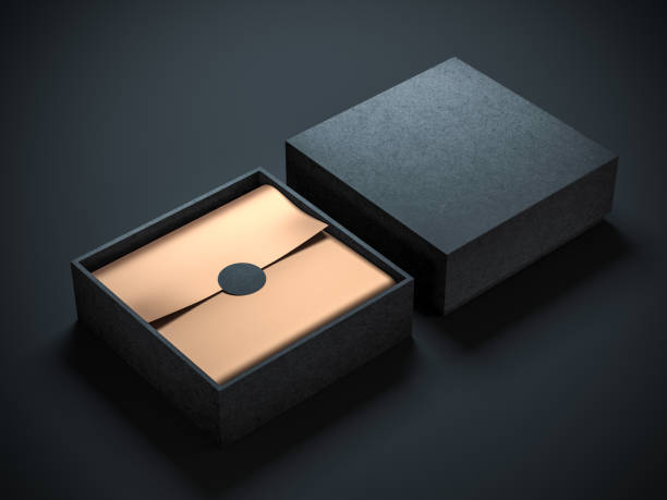 istock Two Square Black Boxes Mockup with golden wrapping paper, opened and closed 913646404