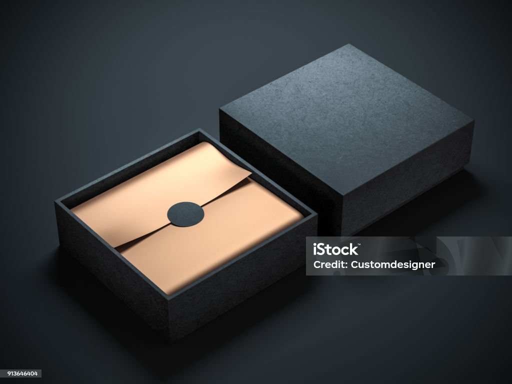 Two Square Black Boxes Mockup with golden wrapping paper, opened and closed Two Square Black Boxes Mockup with golden wrapping paper, opened and closed, 3d rendering Box - Container Stock Photo