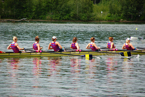 weibliche rowing team - riemenrudern stock-fotos und bilder