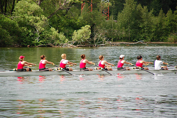 equipo de remo de competición femenino - remo de competición fotografías e imágenes de stock