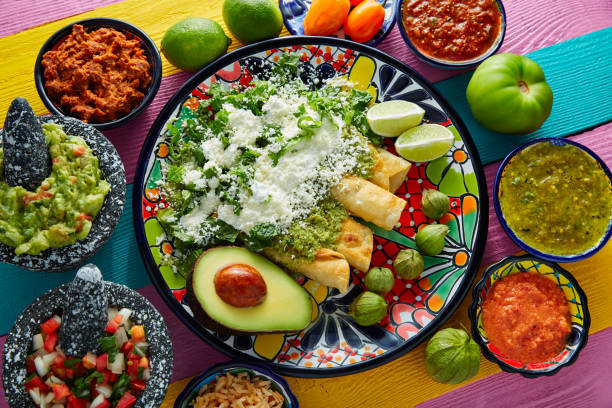 istock Green enchiladas Mexican food with guacamole 913650428