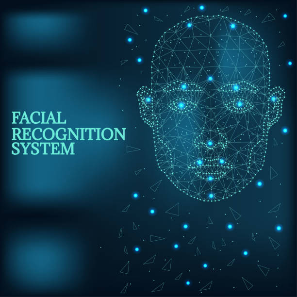 Biometric identification, man face blue Illustration of human face consisting of polygons, dots and lines, isolated on futurustic blue background. Biometric identification or Facial recognition system, wireframe concept. face scan stock illustrations