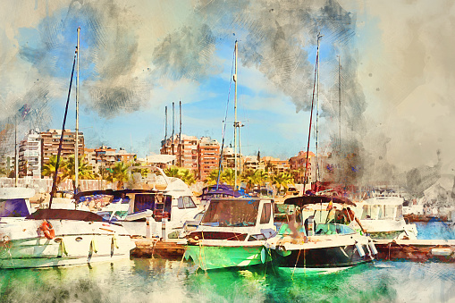 Puerto deportivo Marina Salinas. Yacht parked at dock in Marina of Torrevieja. Bay with piers in centre of resort town. Valencia, Spain. Digital watercolor painting