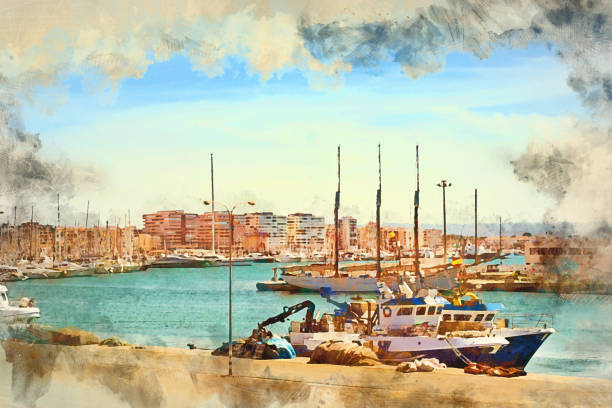 Puerto deportivo Marina Salinas. Yachts and boats parked at dock in Marina of Torrevieja. Bay with piers in centre of resort town. Valencia, Spain. Digital watercolor painting