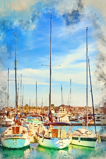 Puerto deportivo Marina Salinas. Yachts and boats parked at dock in Marina of Torrevieja. Bay with piers in centre of resort town. Valencia, Spain. Digital watercolor painting