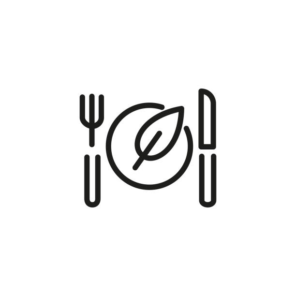 Vegan Food Line Icon Icon of vegan food. Serving, leaf, dish. Restaurant concept. Can be used for topics like veganism, icontype, menu. clip art of a forks stock illustrations