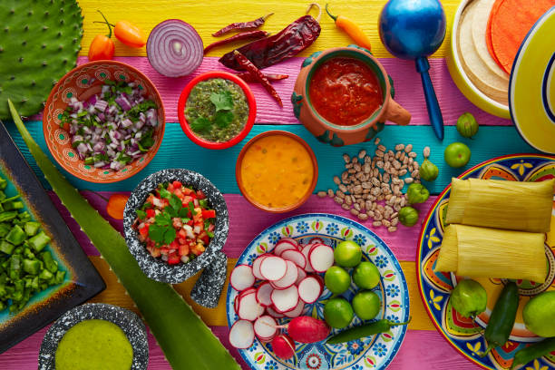mexikanisches essen-mix mit saucen nopal und tamale - frijoles stock-fotos und bilder