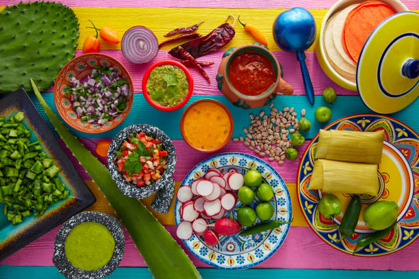 mexikanisches essen-mix mit saucen nopal und tamale - frijoles stock-fotos und bilder