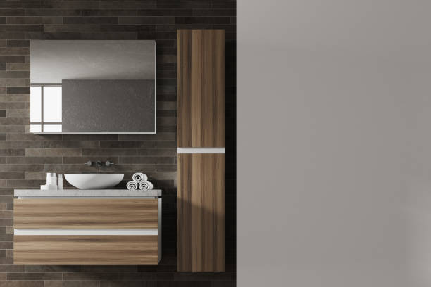 istock Black and wooden bathroom 913676182