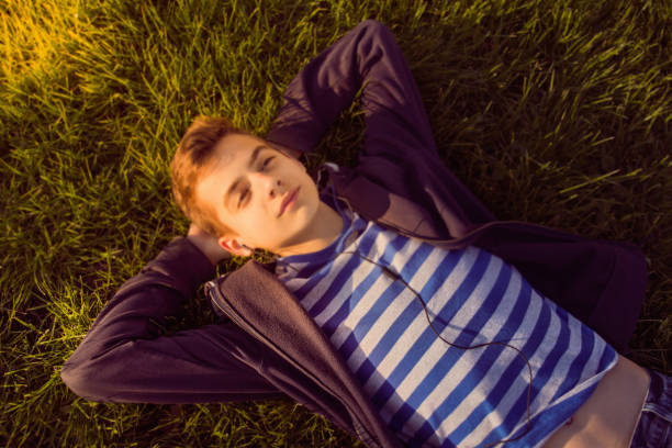 istock Teenage boy lying on grass with phone 913677024