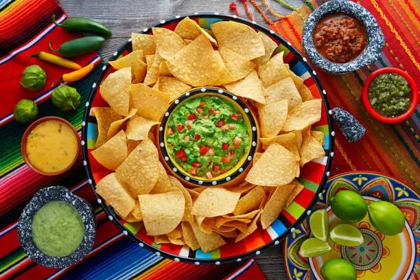 Nachos with guacamole tortilla chips in sombrero plate and sauces