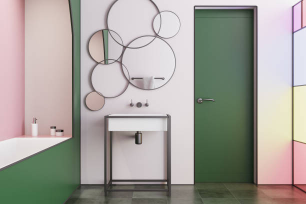 istock Pink modern bathroom interior, door 913678346