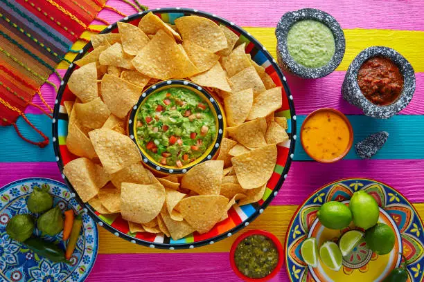 Nachos with guacamole tortilla chips in sombrero plate and sauces