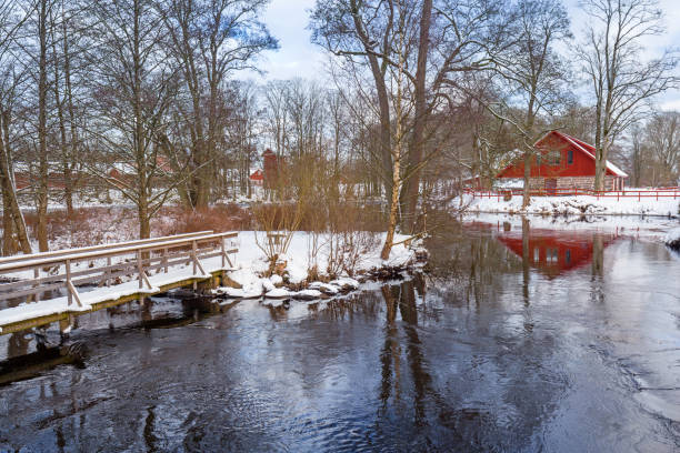 istock Winter scenery with red wooden house 913679186