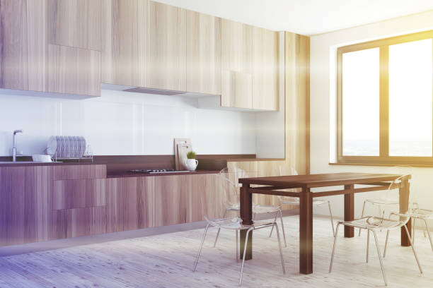 istock White, wooden dining room and kitchen corner toned 913679452