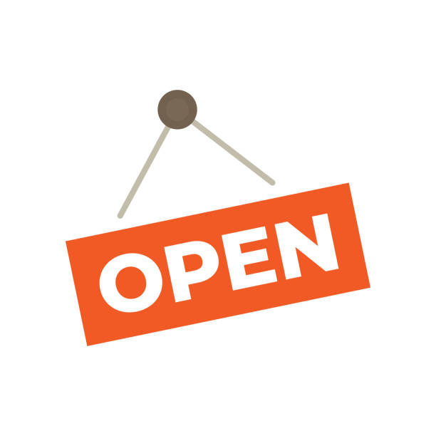 stockillustraties, clipart, cartoons en iconen met open teken opknoping op witte wal geïsoleerd - bord open