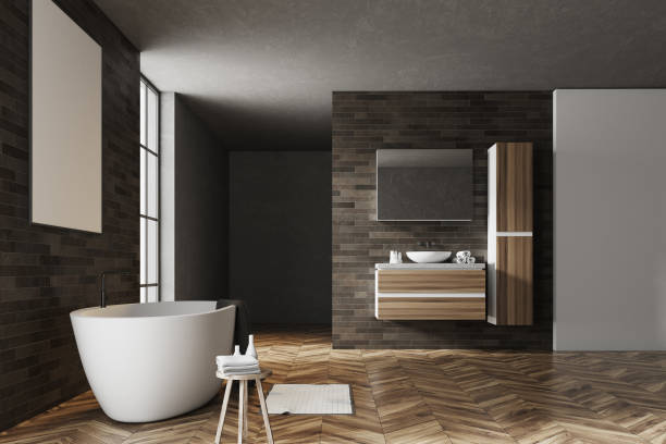 istock Black and brick bathroom interior poster 913685236