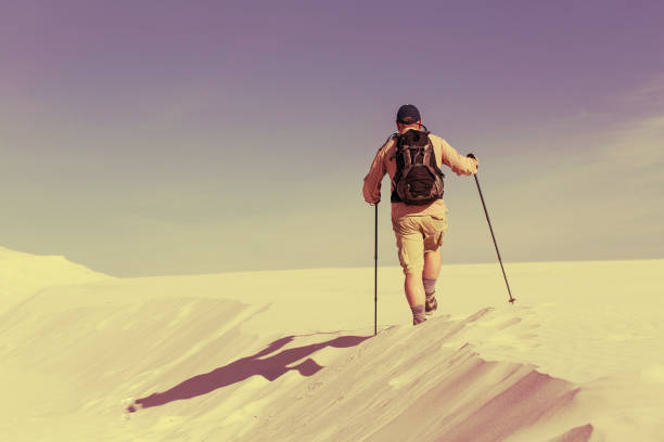 istock Journey through the desert with a backpack and tent. The tent is on a sandy crest. 913687550