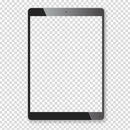 Realistic tablet portable pad computer. Contemporary black gadget. Graphic design element for catalog, web site, blank mockup, demonstration template. Isolated on white background. Vector illustration