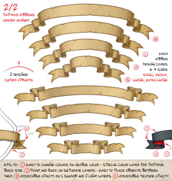 illustrazioni stock, clip art, cartoni animati e icone di tendenza di nastri di papiro curvi verso l'alto 2 - due disegni di quattro dimensioni - scroll old paper folded