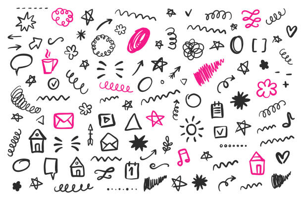 Hand drawn social media doodles, isolated on white Hand drawn social media doodles, isolated on white. E-mail, blog, web design  elements. doodle stock illustrations