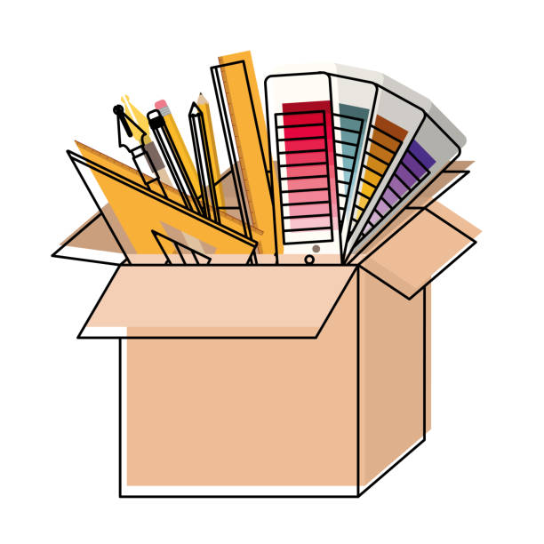 ilustrações de stock, clip art, desenhos animados e ícones de cardboard box with graph design tools in watercolor silhouette - text graph box education