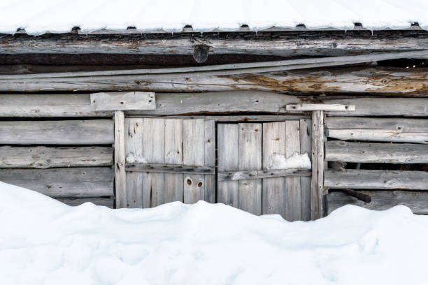 старая деревянная дверь сарая со снегом - shed cottage hut barn стоковые фото и изображения
