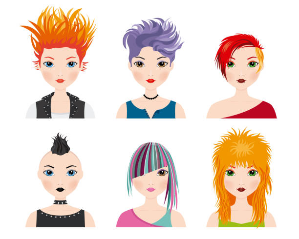 ilustrações, clipart, desenhos animados e ícones de conjunto menina avatares com estilo punk - punk hair
