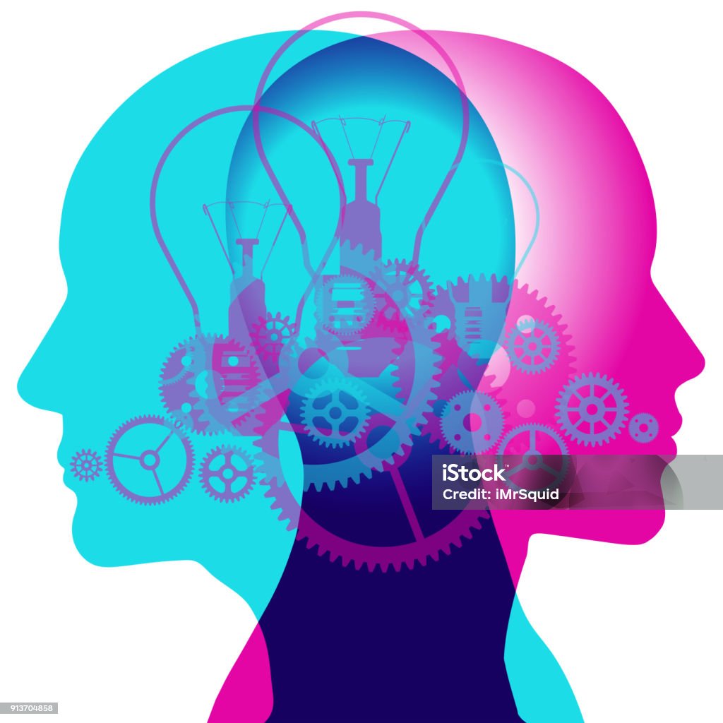 Clockwork Brains A male and female side silhouette positioned back to back, overlaid with various semi-transparent Light Bulbs and Machine Gears shapes. Expertise stock vector