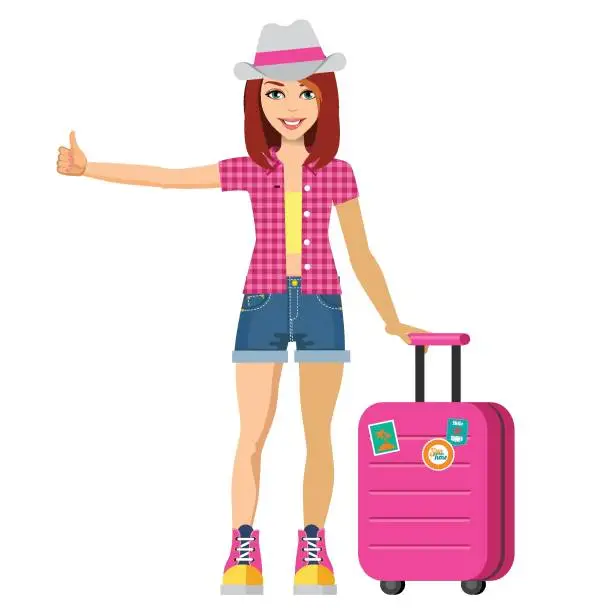 Vector illustration of hitchhiking young girl with pink suitcase