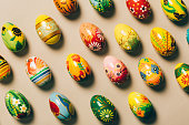 Bunch of colorful handpainted eggs. Easter