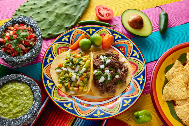 platillo mexikanische tacos barbacoa und vegetarische - guacamole avocado mexican culture food stock-fotos und bilder