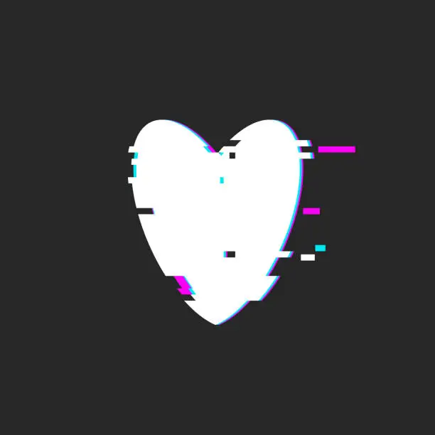 Vector illustration of White heart shape with glitch effect on black background. Vector distorted broken heart.