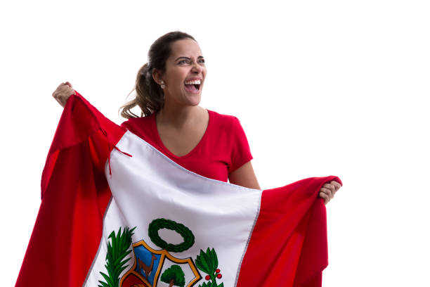 Peruvian female fan celebrating on white background sport collection peruvian culture photos stock pictures, royalty-free photos & images