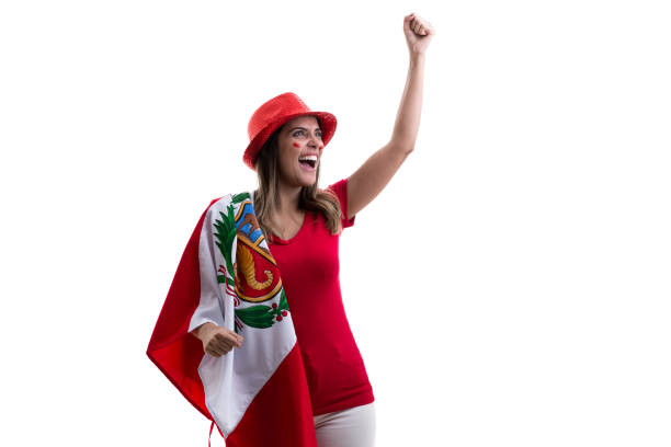 istock Peruvian female fan celebrating on white background 913710282