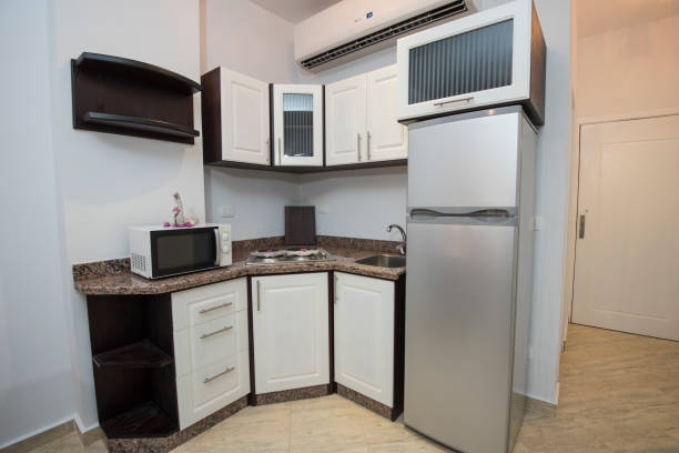 Interior decor design of kitchen in show home apartment stock photo