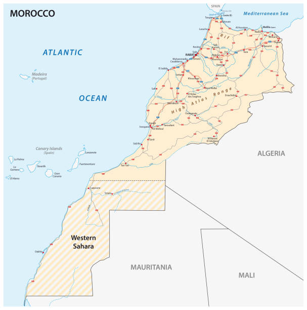 Road map of the Kingdom of Morocco Road vector map of the Kingdom of Morocco mauritania stock illustrations