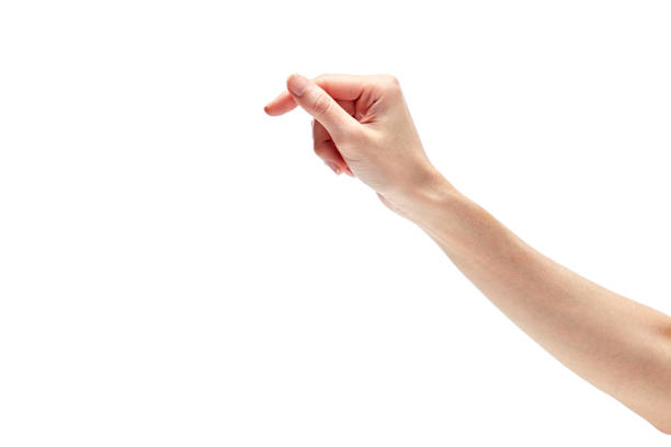 istock woman's hand measuring invisible items. Isolated on white 913729870