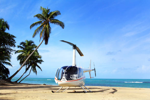 Small helicopter for excursions on a deserted beach. Dominican Republic stock photo