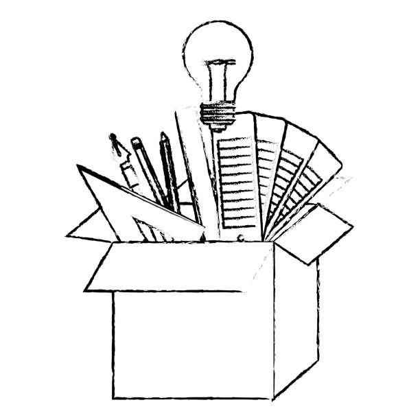 ilustrações, clipart, desenhos animados e ícones de caixa de papelão com idea de ferramentas de design gráfico em preto contorno turva - text graph box education