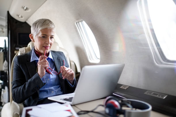istock Businesswoman in private jet airplane 913735096