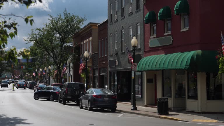 Morning Establishing Shot of Generic Small Town Main Street Storefronts