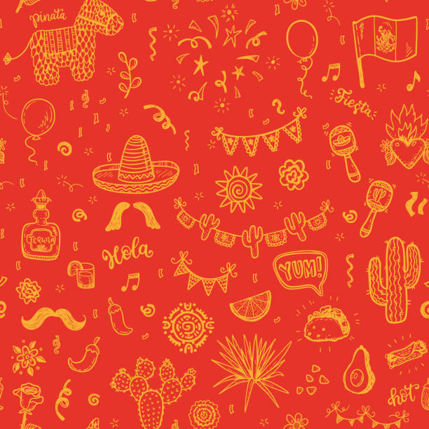 ilustrações, clipart, desenhos animados e ícones de padrão sem emenda de vetor com mão desenhada doodle elementos mexicanos.  dia da independência, celebração de cinco de mayo, decorações de festa para o seu projeto. - comida mexicana