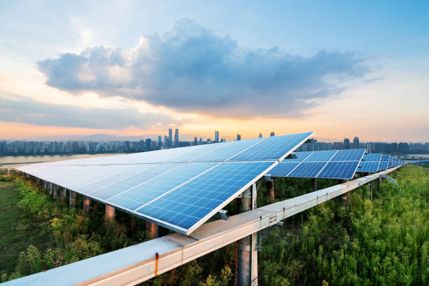 solar panels with cityscape of singapore stock photo