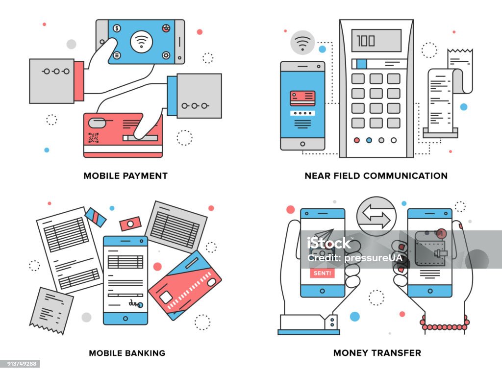 Ilustración de línea plana de pagos móviles - arte vectorial de Ir de compras libre de derechos